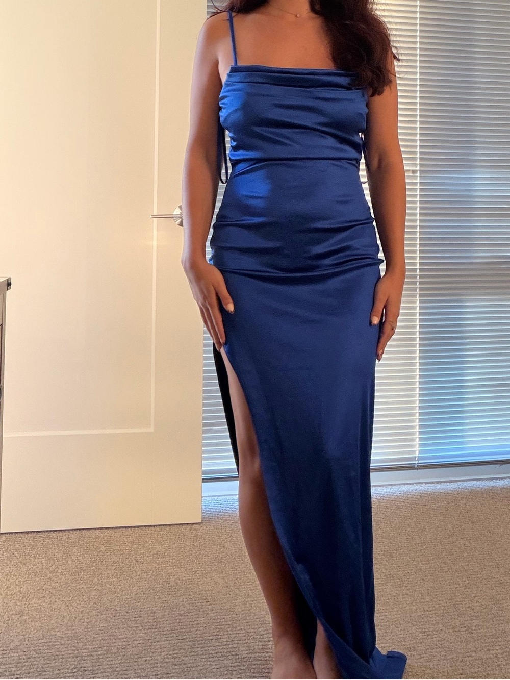 Windsor Royal Blue Satin Maxi Slip Dress with High Side Slit